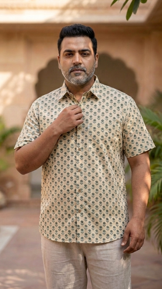 Beige Leaf Booti Printed Men's Plus Size Cotton Shirt