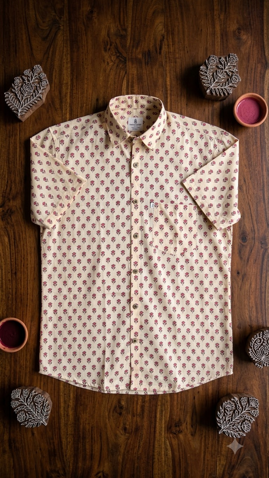 Beige Pink Booti Printed Mens Half Sleeves Shirt