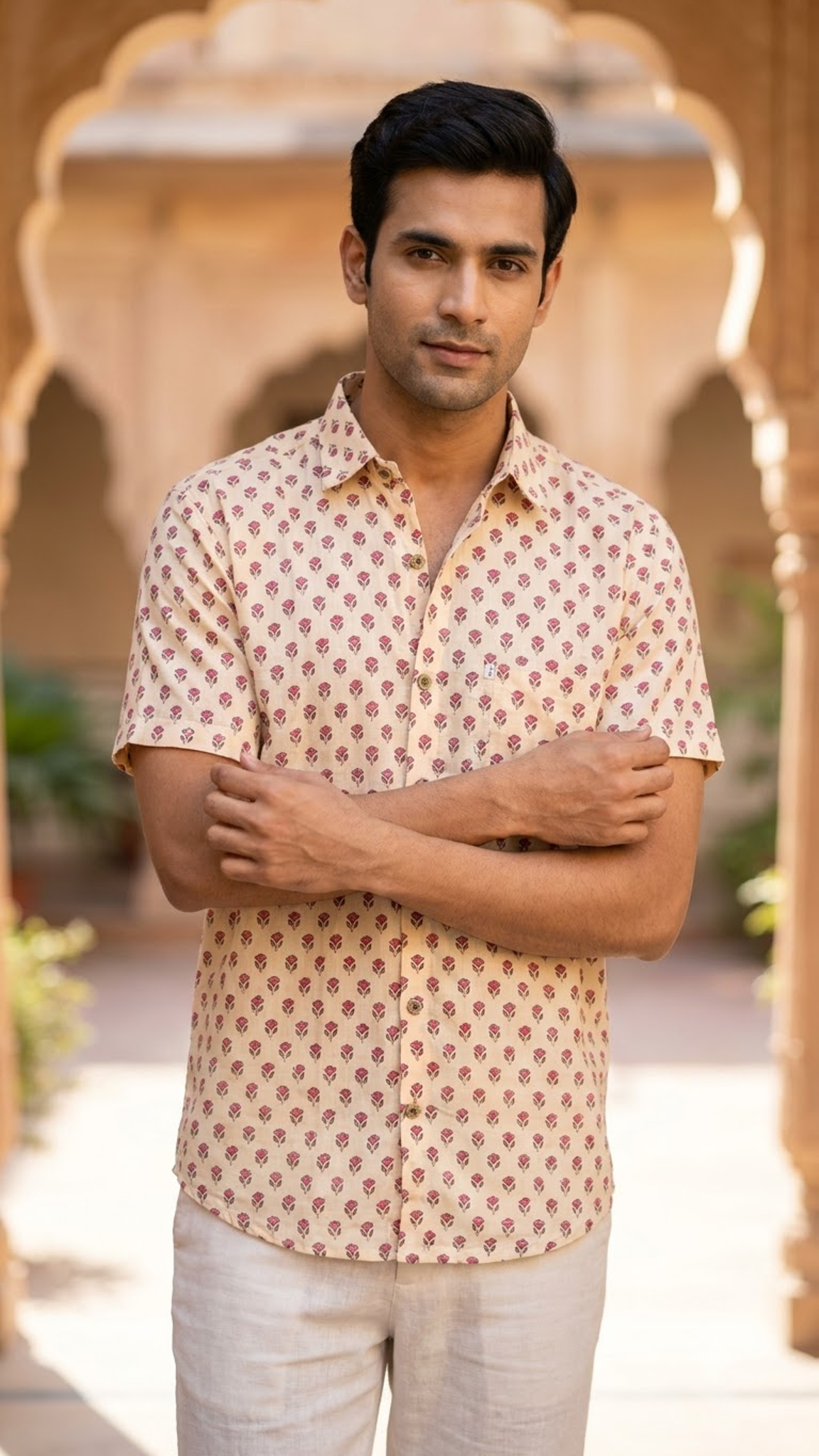 Beige Pink Booti Printed Mens Half Sleeves Shirt