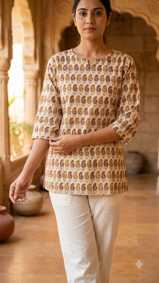 Red and Beige Booti Print 3/4 Sleeves Cotton Short Kurti Top for Women