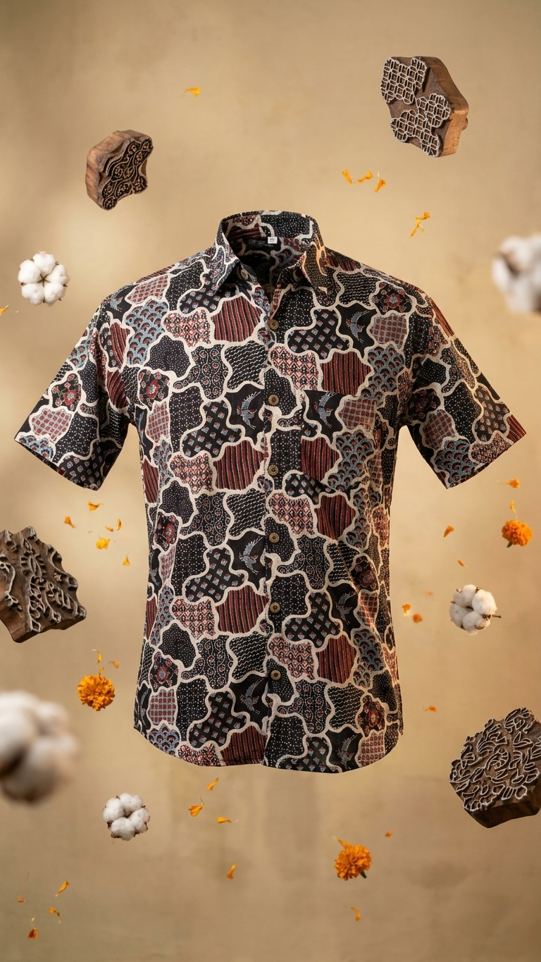 Black Abstract Ajrak Printed Mens Half Sleeves Cotton Shirt