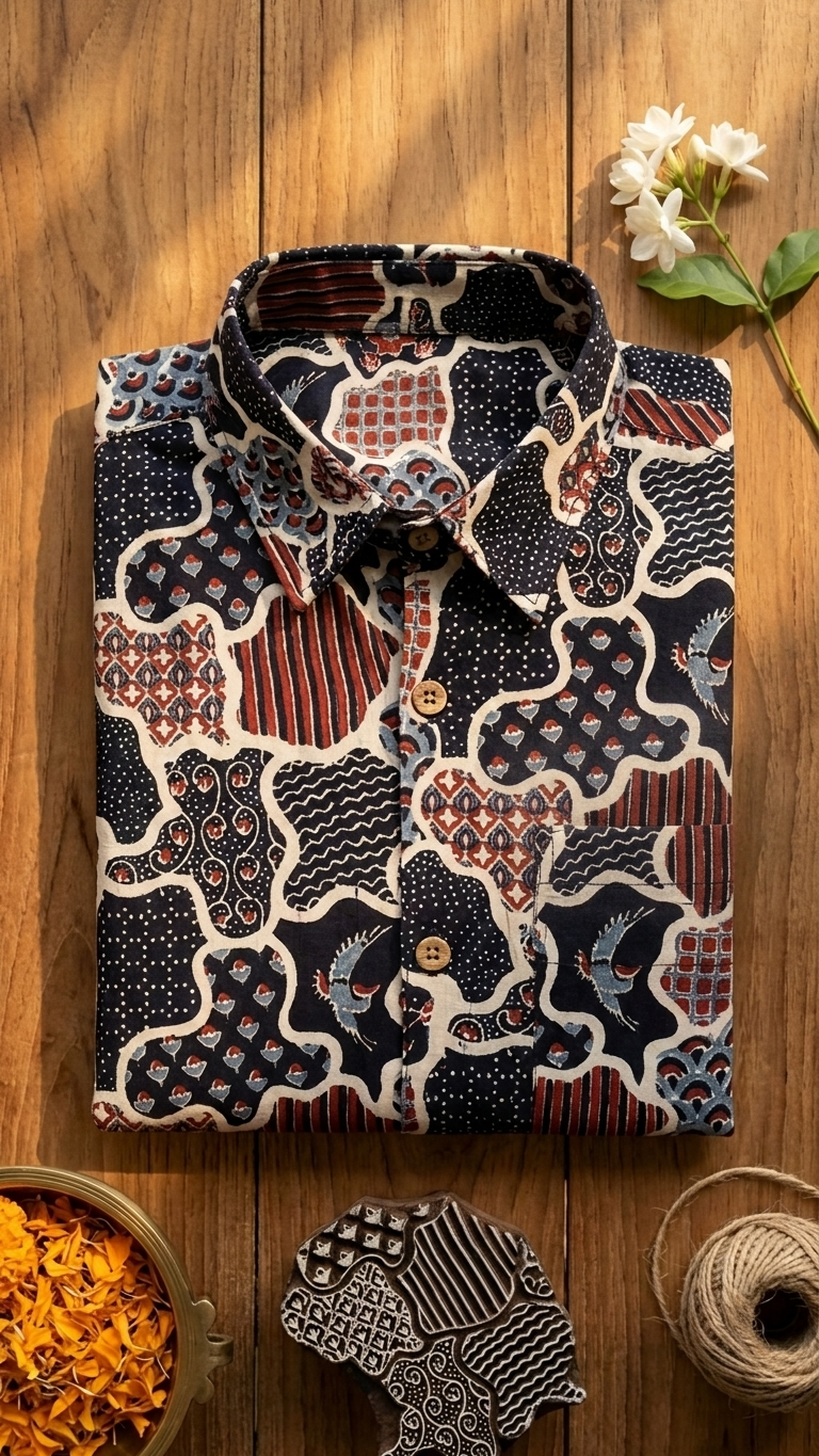 Black Abstract Ajrak Printed Mens Half Sleeves Cotton Shirt