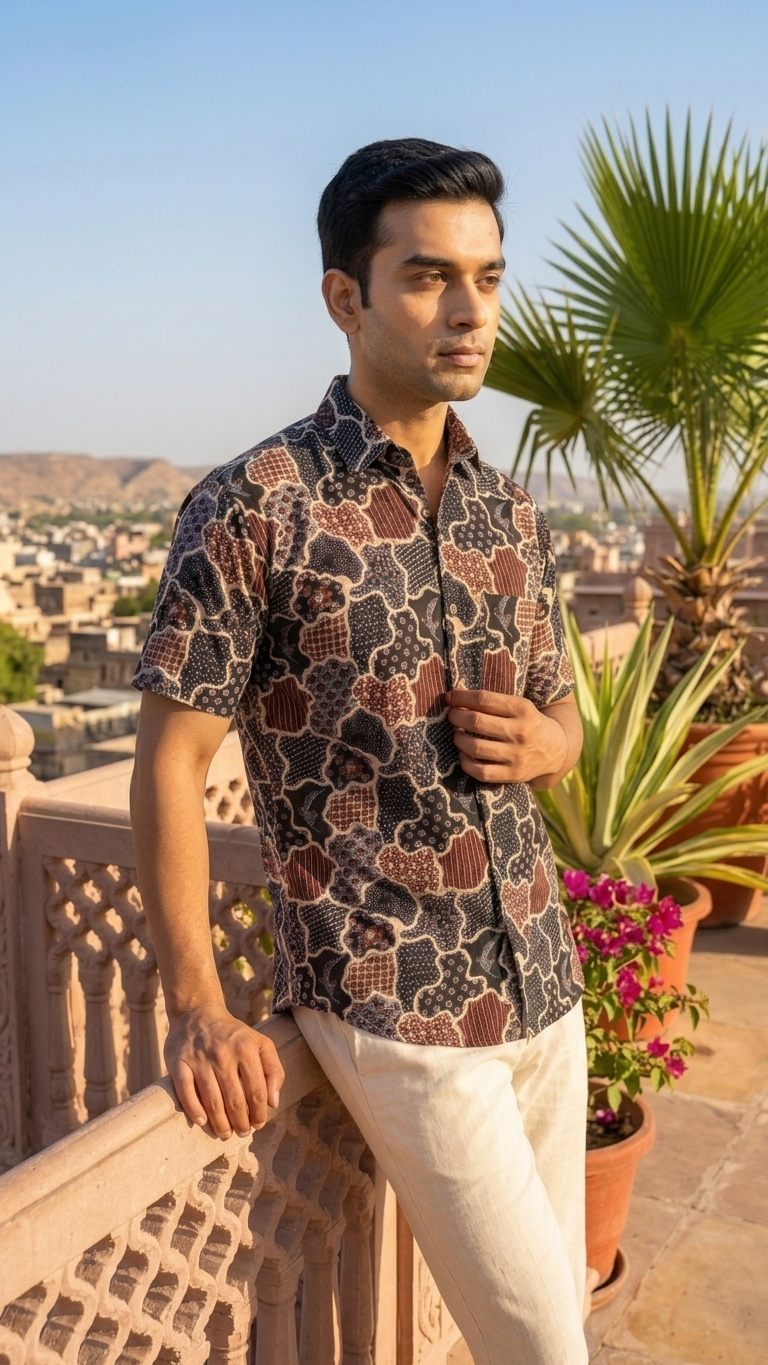 Black Abstract Ajrak Printed Mens Half Sleeves Cotton Shirt