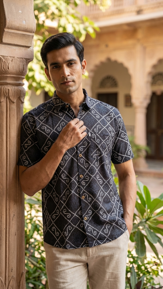 New Black Bandhani/Bandhej Printed Mens Half Sleeves Cotton Shirt