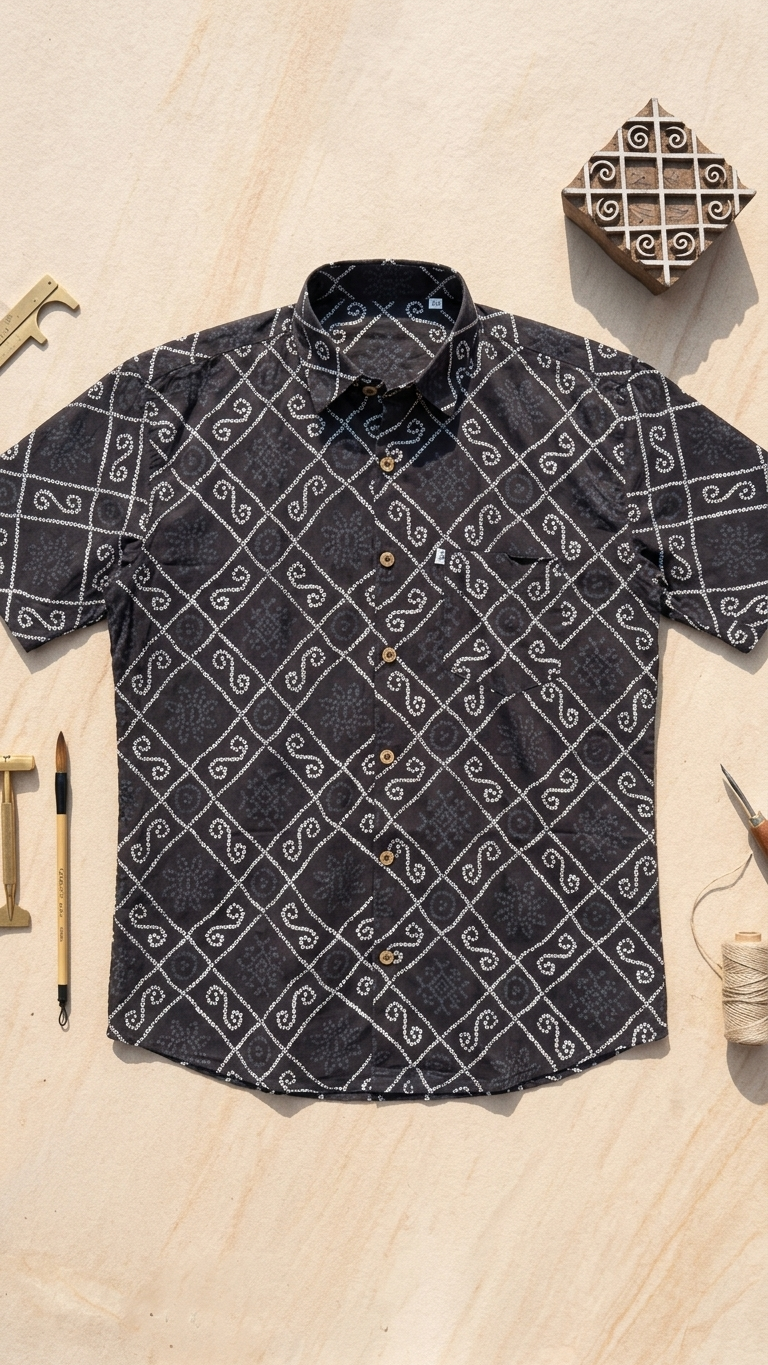 New Black Bandhani/Bandhej Printed Mens Half Sleeves Cotton Shirt