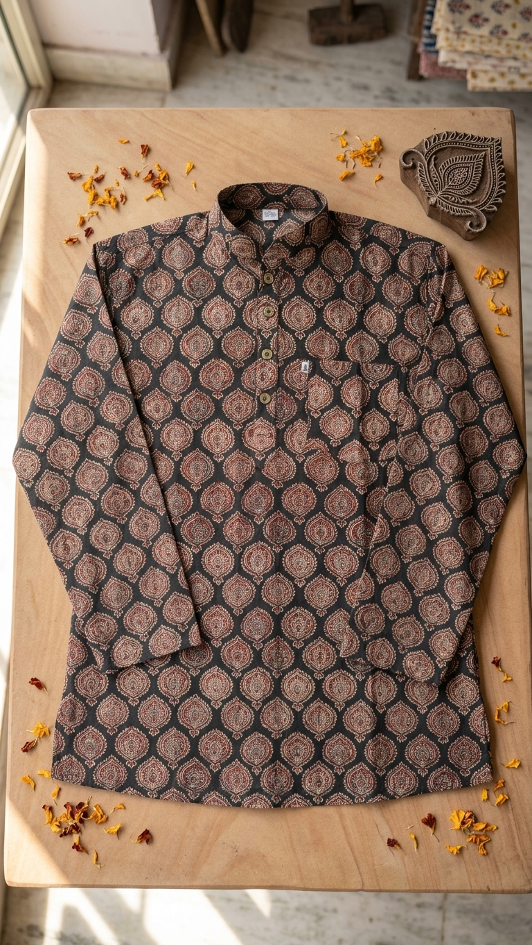 Black Handblock Printed Full Sleeves Short Kurta