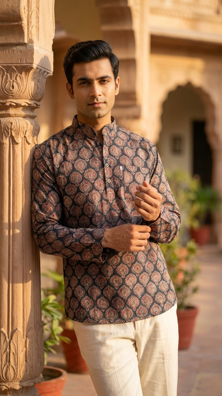 Black Handblock Printed Full Sleeves Short Kurta