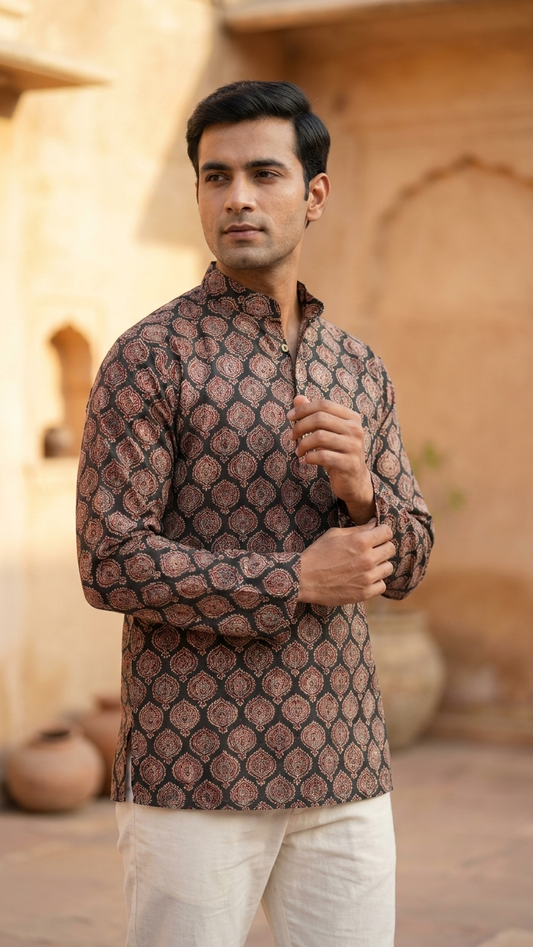 Black Handblock Printed Full Sleeves Short Kurta
