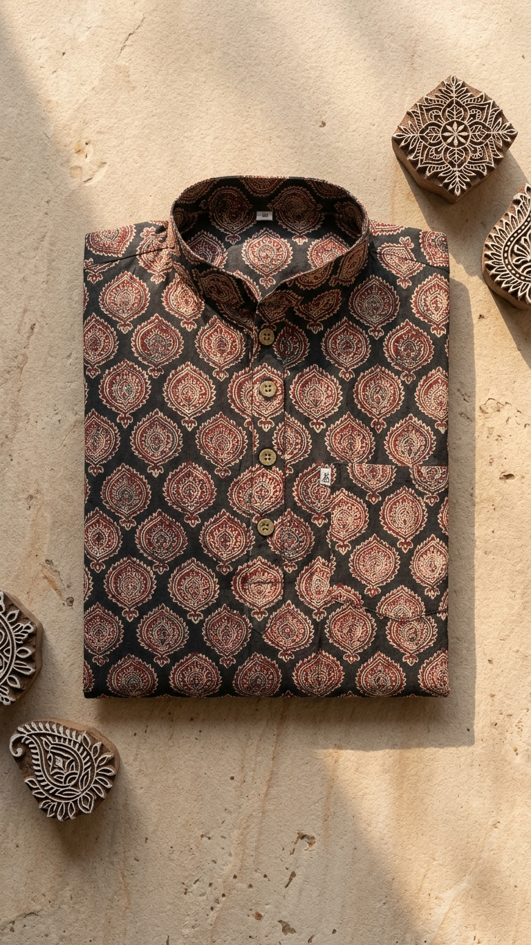 Black Handblock Printed Full Sleeves Short Kurta