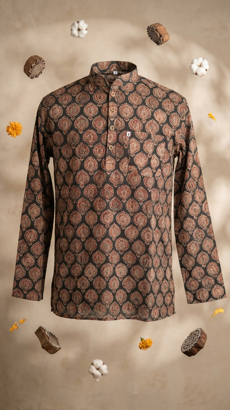 Black Handblock Printed Full Sleeves Short Kurta