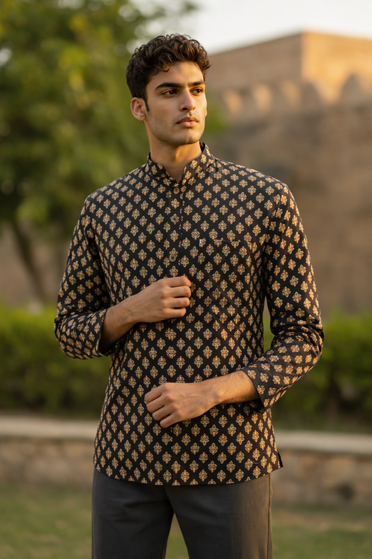 Black Mughal Booti Printed Full Sleeves Short Kurta for Men