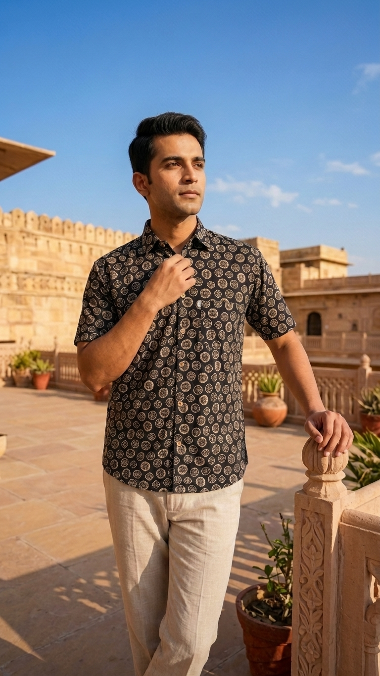 Black Coin Motif Printed Mens Half Sleeves Cotton Shirt