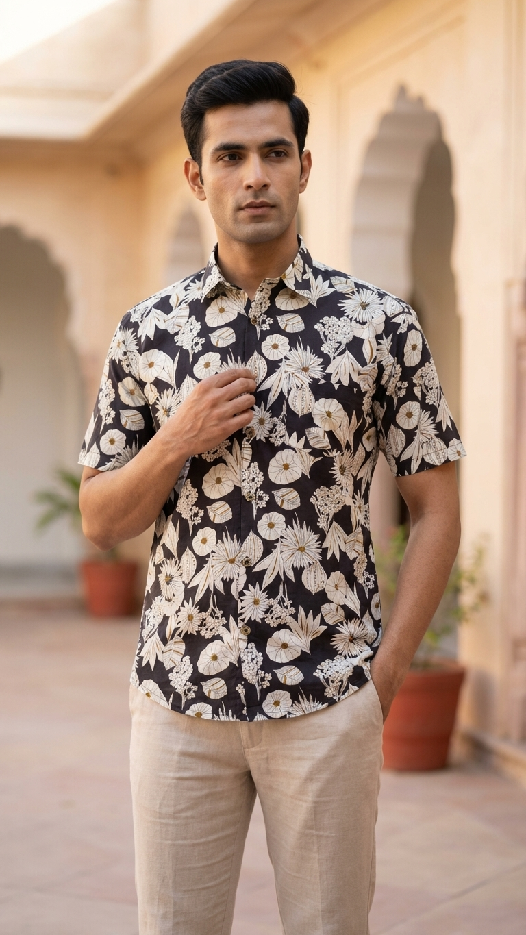 Black Floral Printed Mens Half Sleeves Cotton Shirt