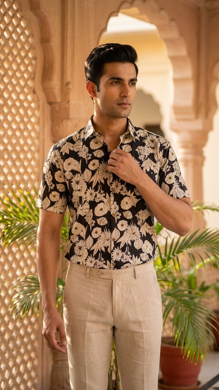 Black Floral Printed Mens Half Sleeves Cotton Shirt