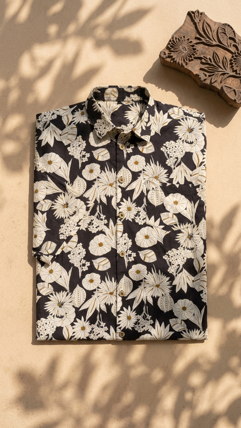 Black Floral Printed Mens Half Sleeves Cotton Shirt