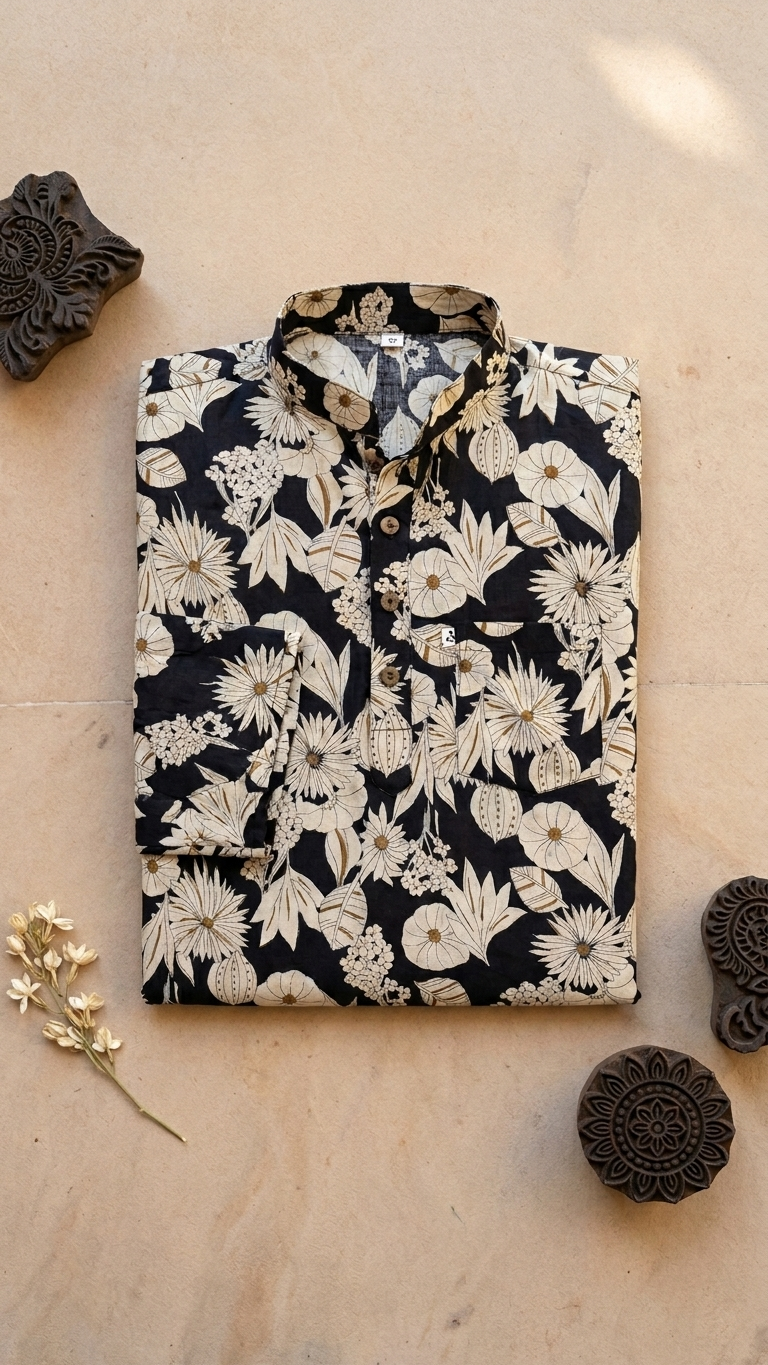 Black Royal Floral Print Full Sleeves Short Kurta for Men