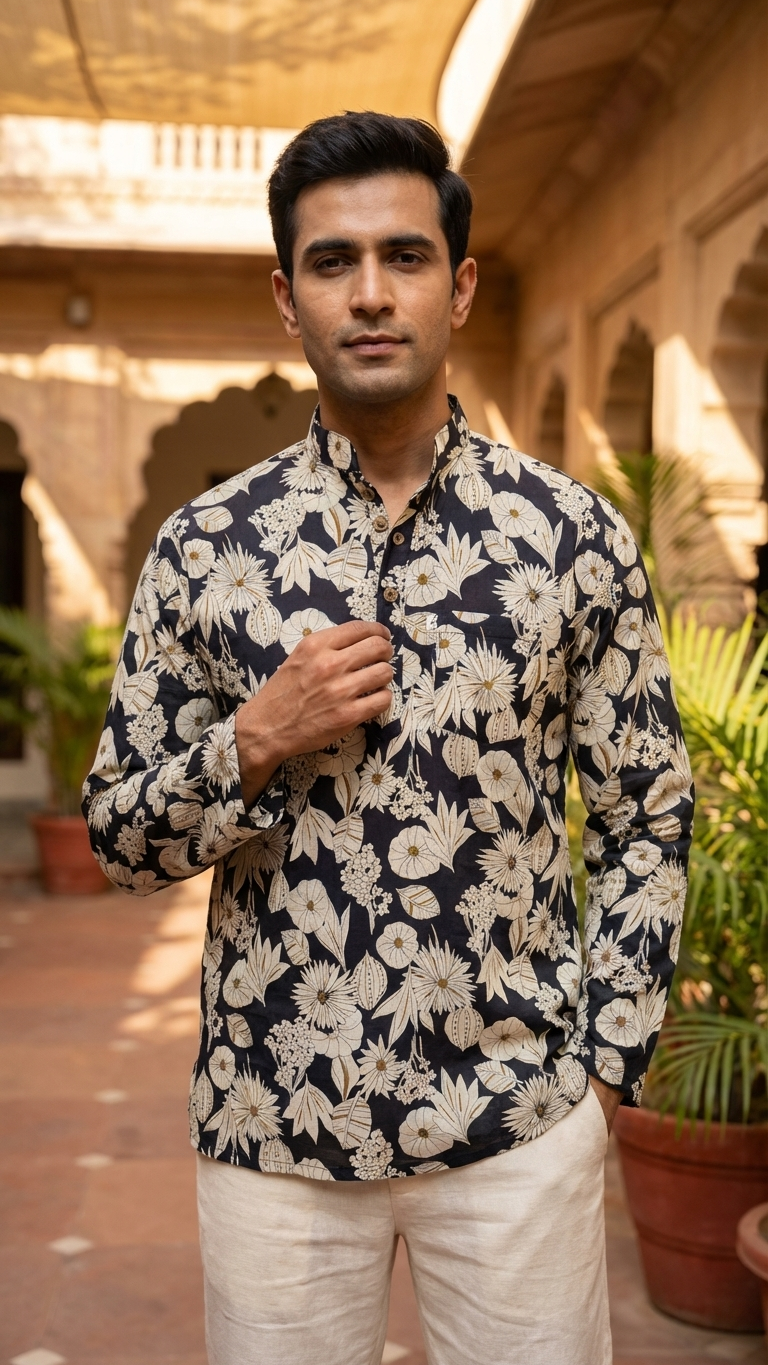 Black Royal Floral Print Full Sleeves Short Kurta for Men