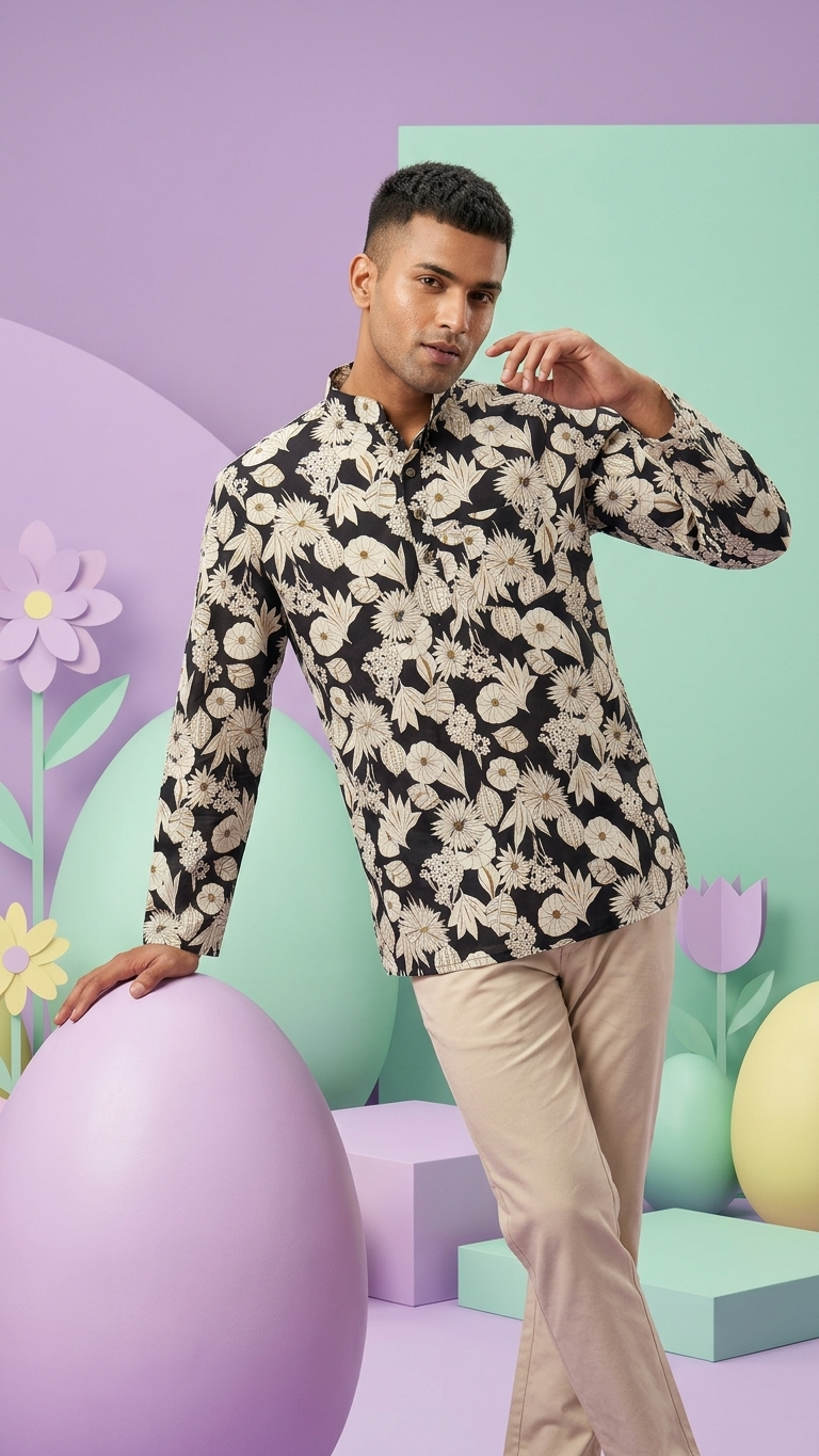 Black Royal Floral Print Full Sleeves Short Kurta for Men