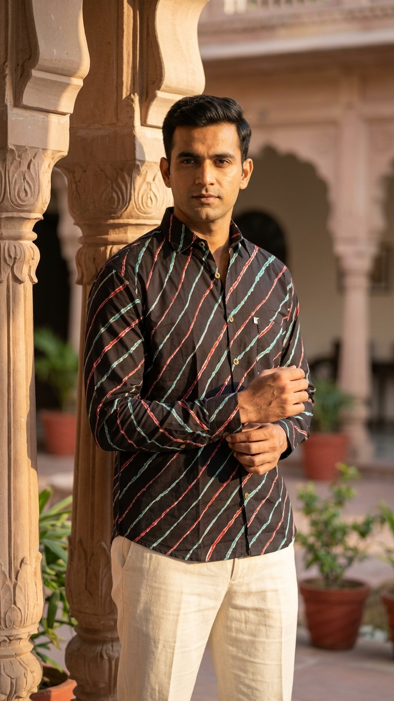 Full Sleeves Black Leheriya Printed Cotton Shirt for Men