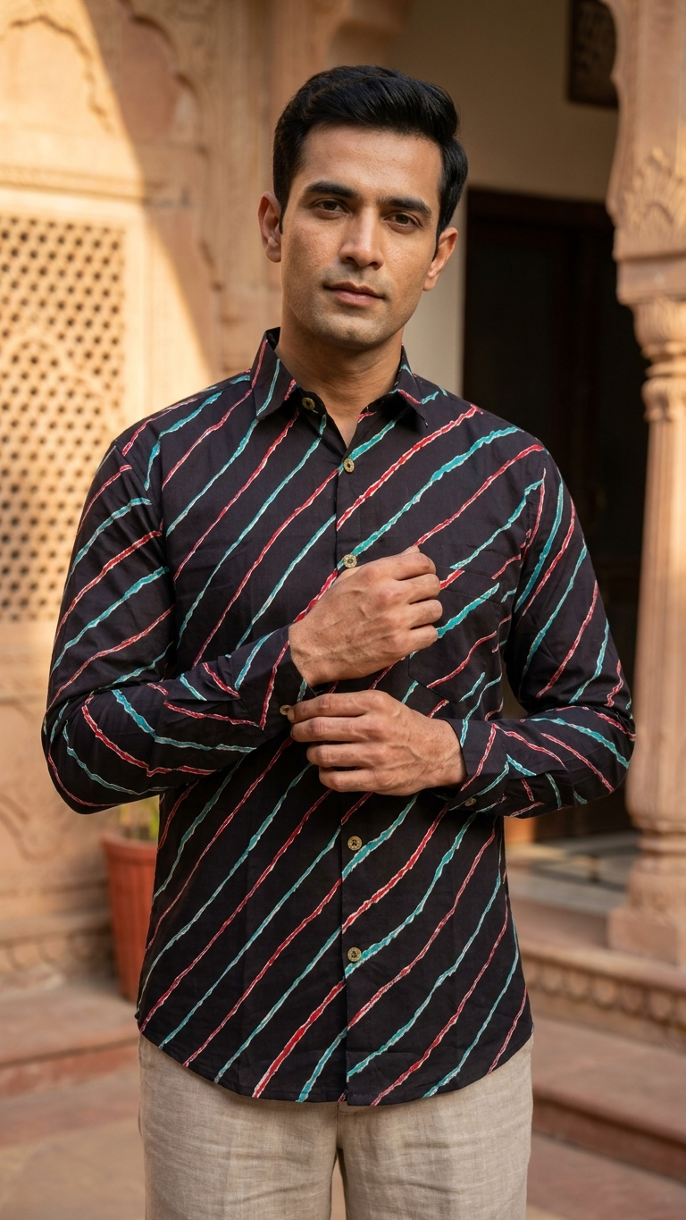 Full Sleeves Black Leheriya Printed Cotton Shirt for Men