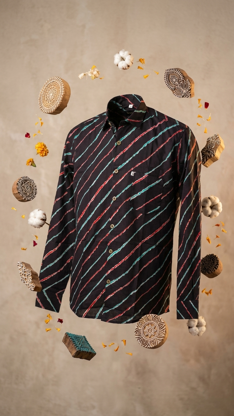 Full Sleeves Black Leheriya Printed Cotton Shirt for Men