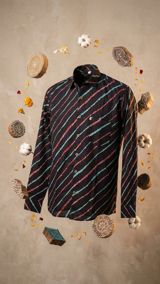 Full Sleeves Black Leheriya Printed Cotton Shirt for Men