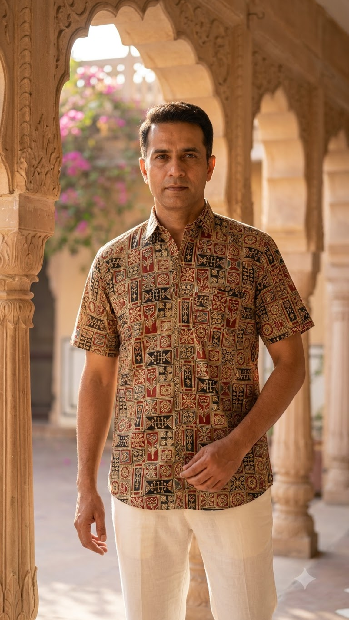 Black Maroon Heritage Motif Printed Half Sleeves Cotton Shirt for Men