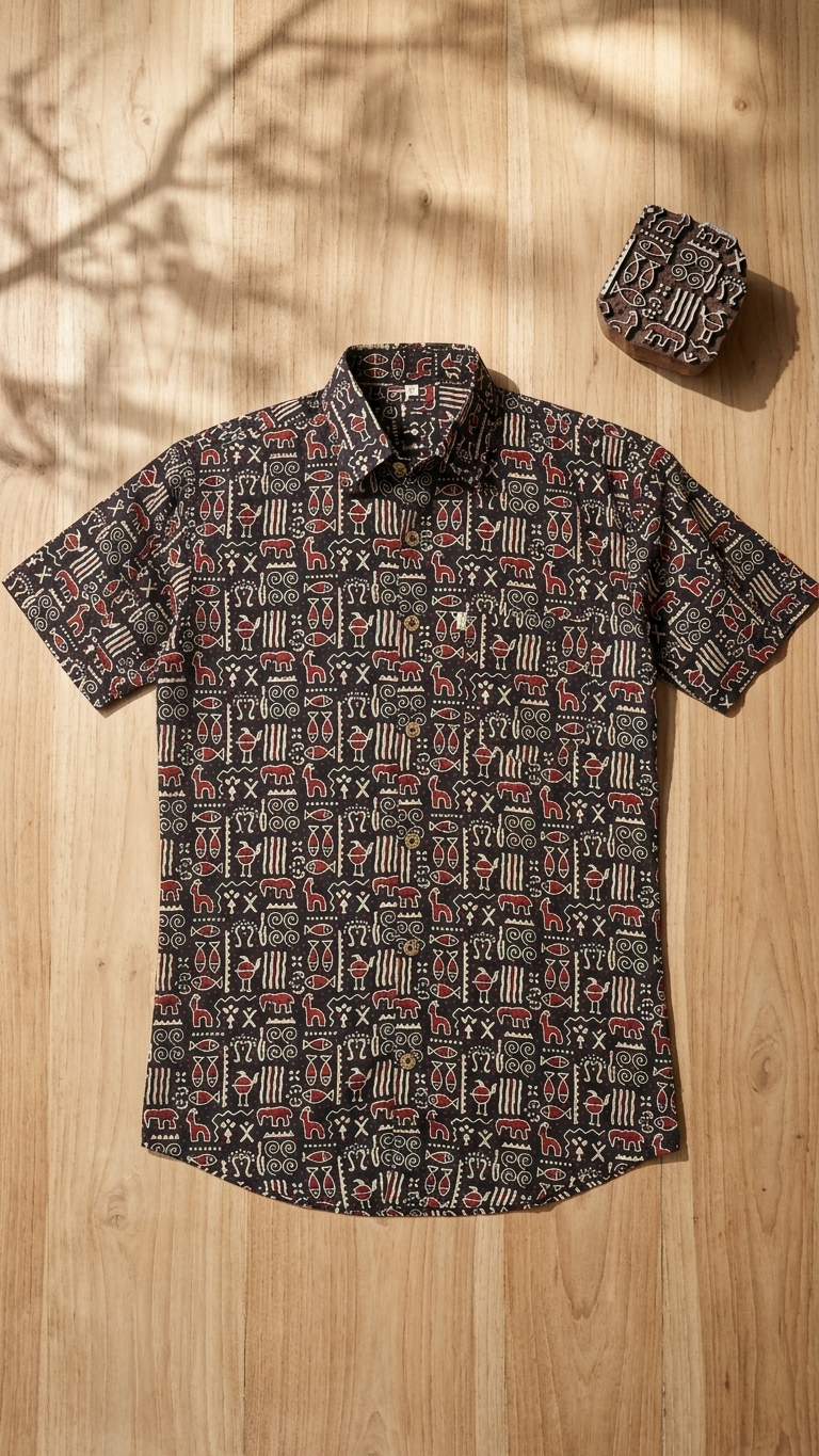 Black Ethnic Motif Printed Mens Half Sleeves Cotton Shirt