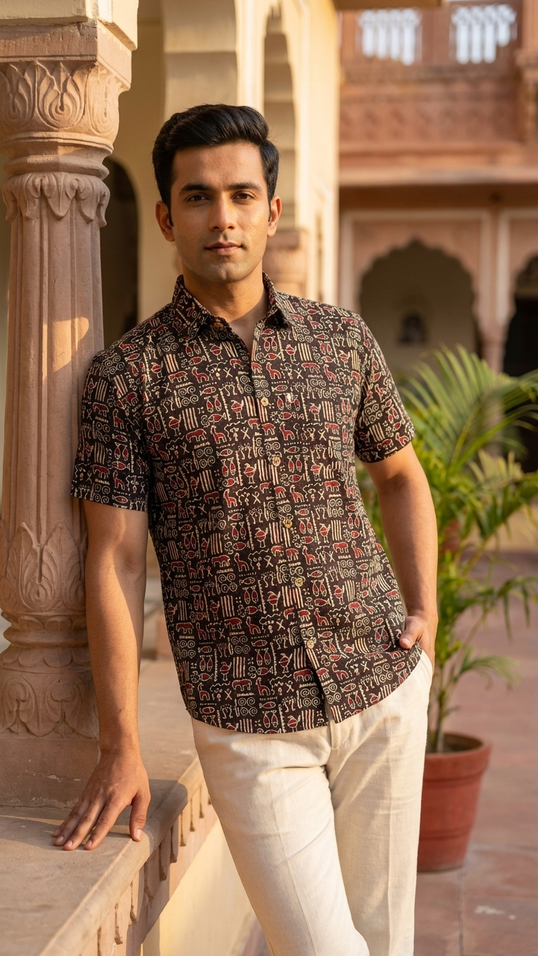 Black Ethnic Motif Printed Mens Half Sleeves Cotton Shirt