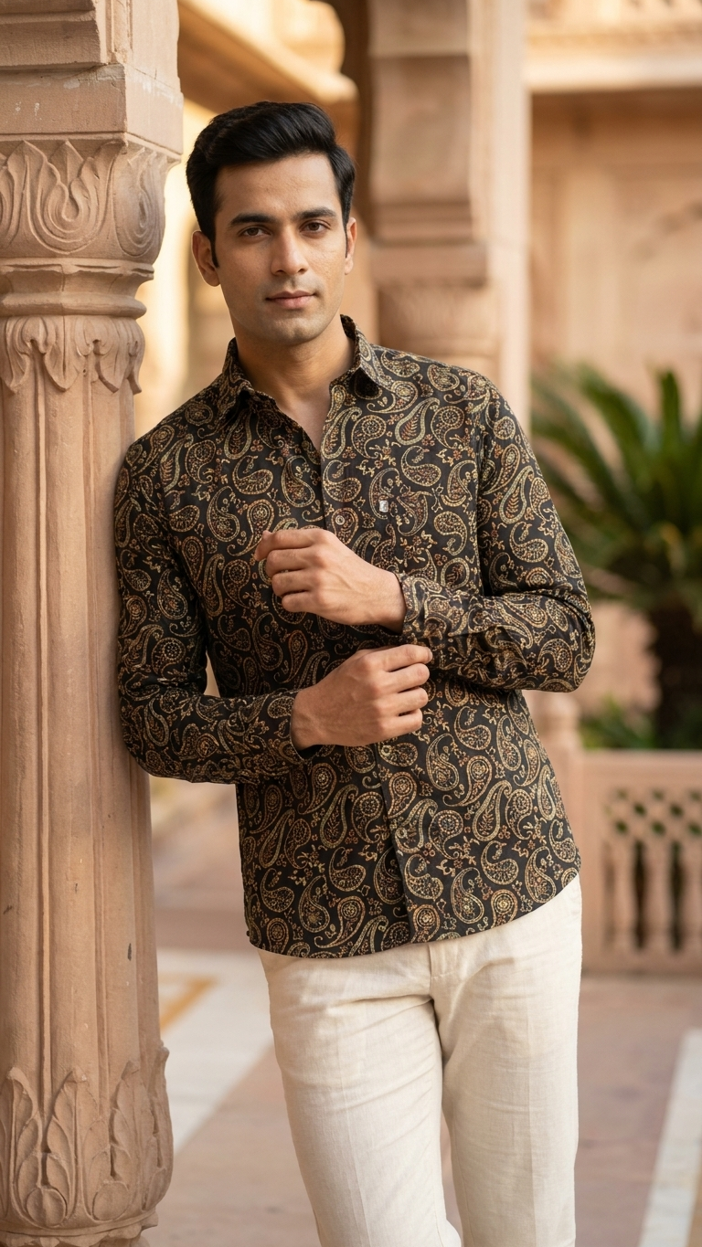 Full Sleeves Black Paisley Printed Cotton Shirt for Men