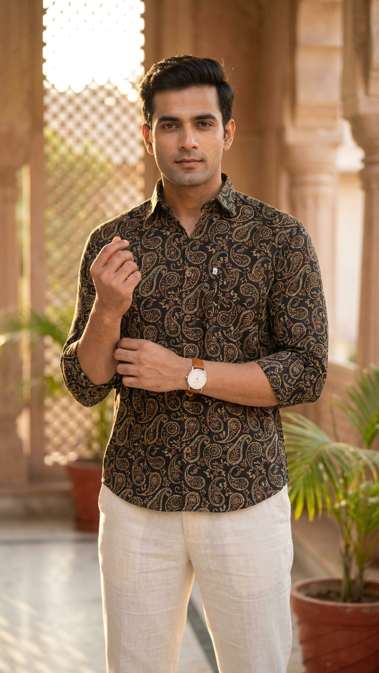 Full Sleeves Black Paisley Printed Cotton Shirt for Men