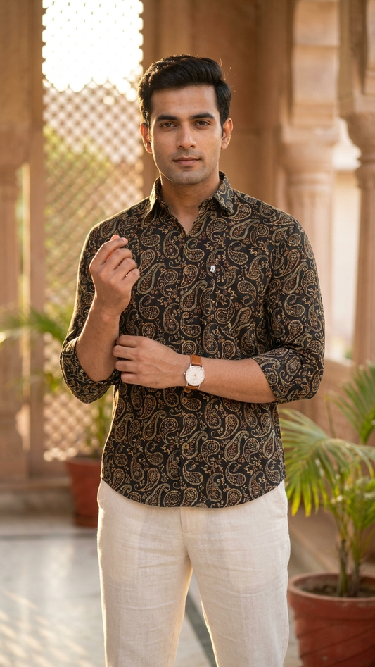 Full Sleeves Black Paisley Printed Cotton Shirt for Men