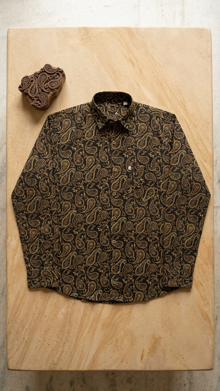 Full Sleeves Black Paisley Printed Cotton Shirt for Men