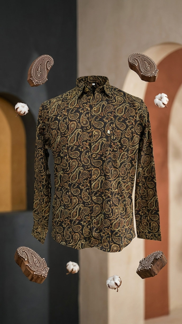 Full Sleeves Black Paisley Printed Cotton Shirt for Men