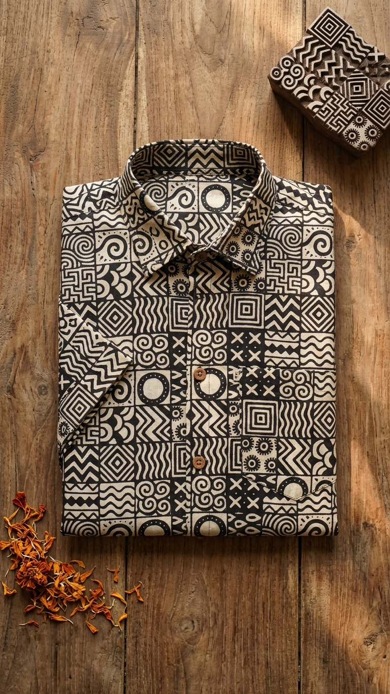 Black Geometric Puzzle Printed Half Sleeves Cotton Shirt for Men