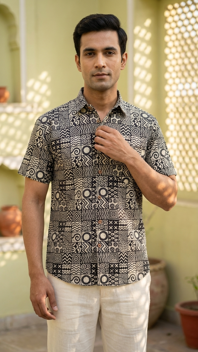 Black Geometric Puzzle Printed Half Sleeves Cotton Shirt for Men