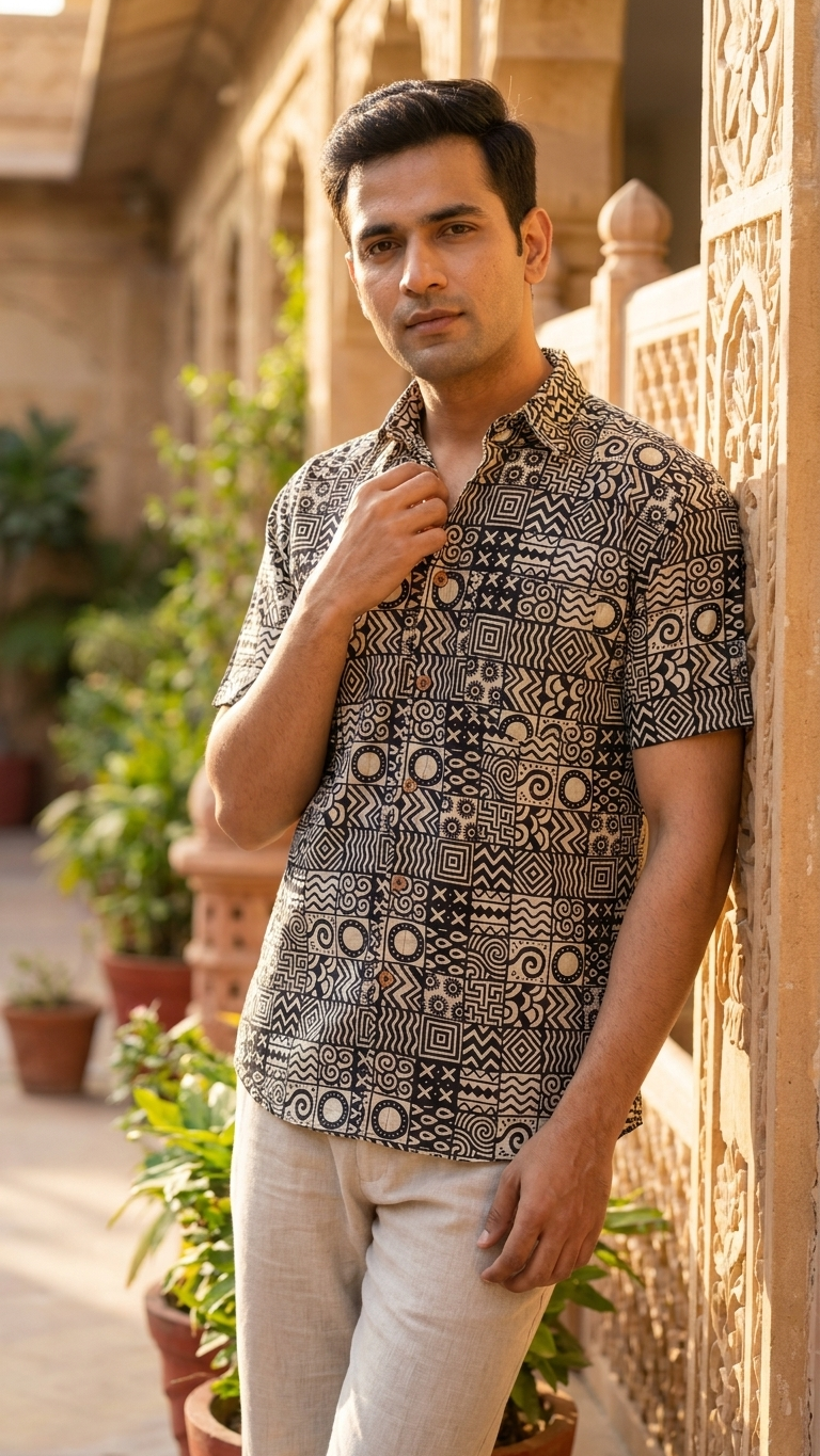 Black Geometric Puzzle Printed Half Sleeves Cotton Shirt for Men