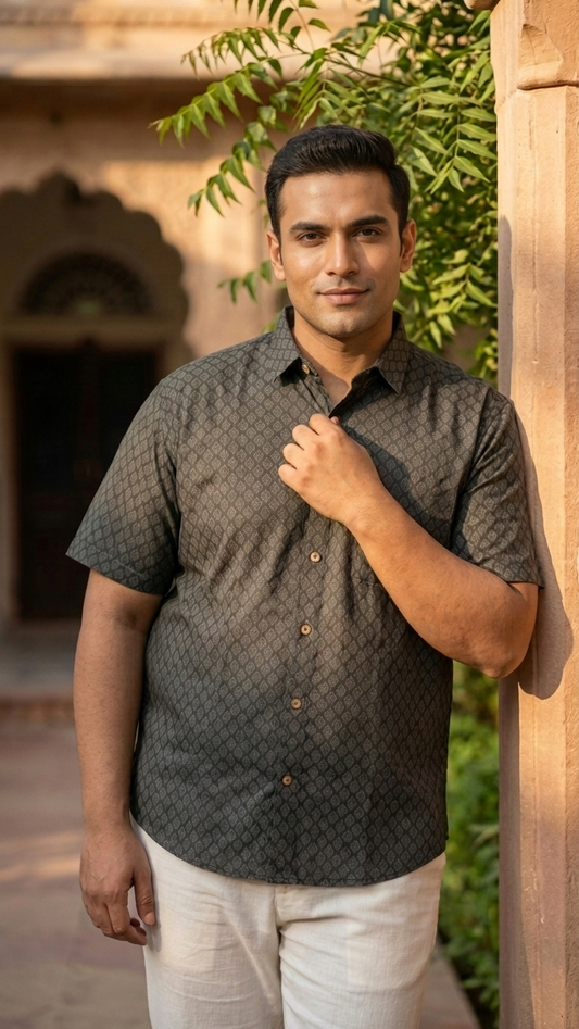 Black Self Booti Printed Plus Size Half Sleeves Cotton Shirt for Men