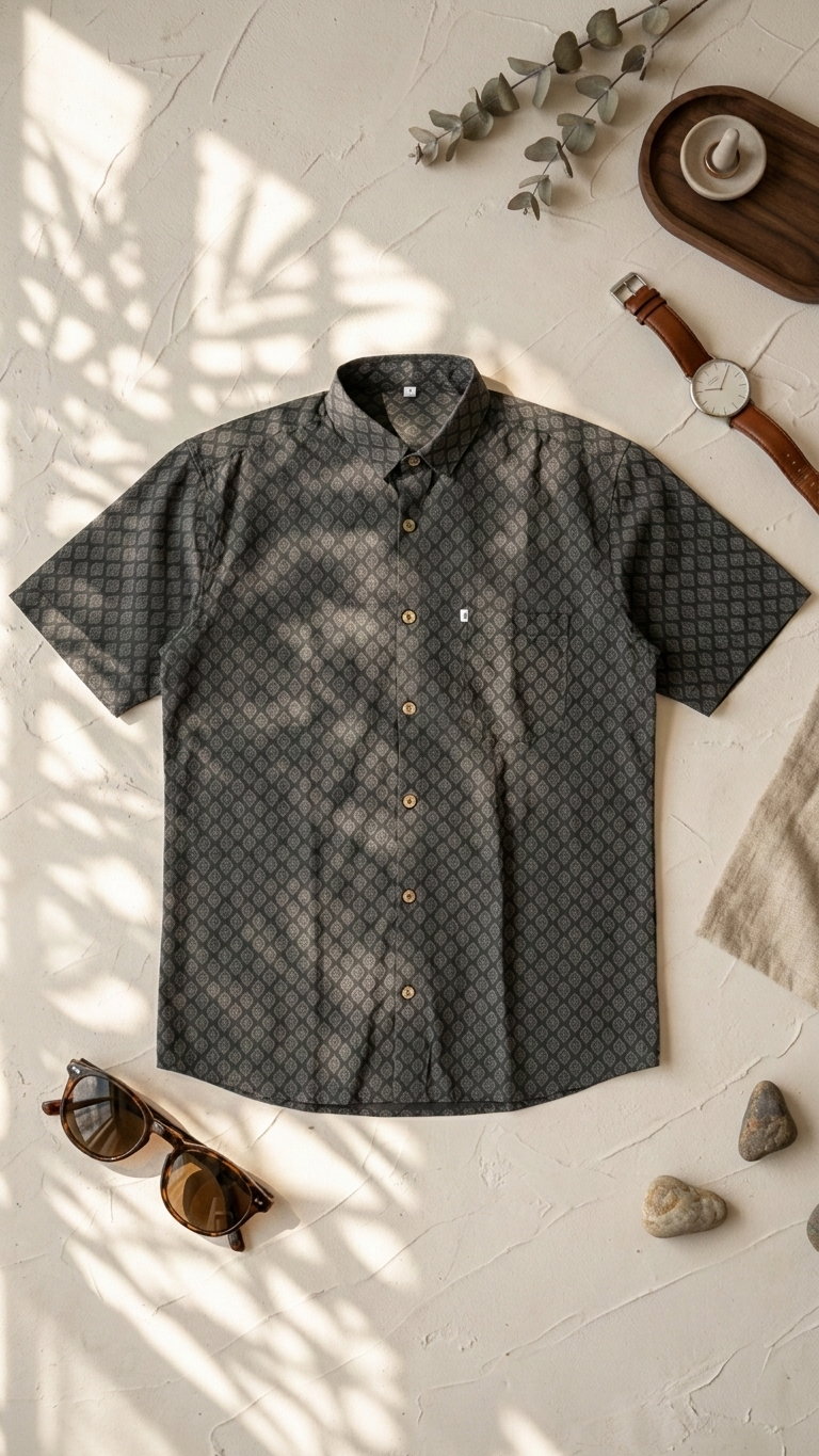 Black Self Booti Printed Plus Size Half Sleeves Cotton Shirt for Men