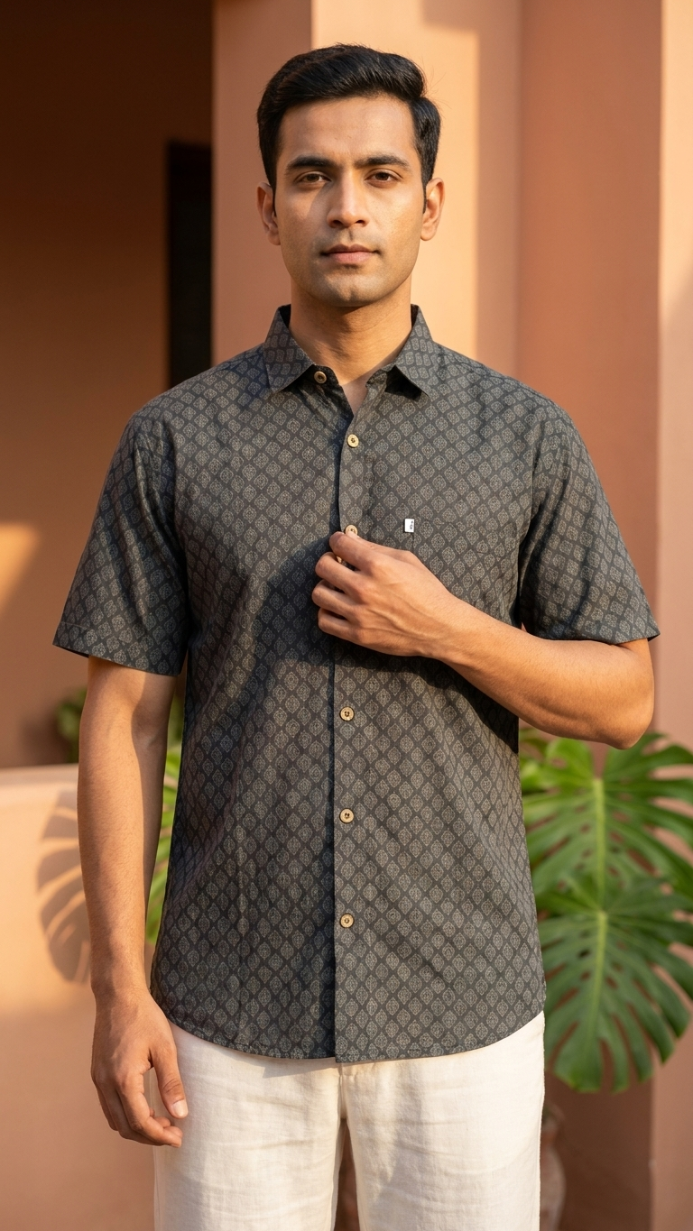 Black Self Booti Printed Plus Size Half Sleeves Cotton Shirt for Men