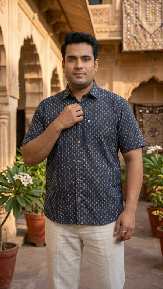 Black Small Ajrak Buti Printed Plus Size Half Sleeves Cotton Shirt for Men
