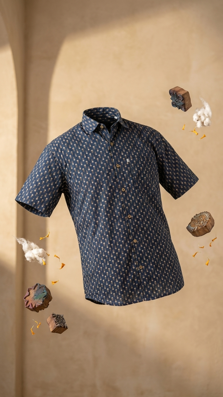 Black Small Ajrak Buti Printed Plus Size Half Sleeves Cotton Shirt for Men