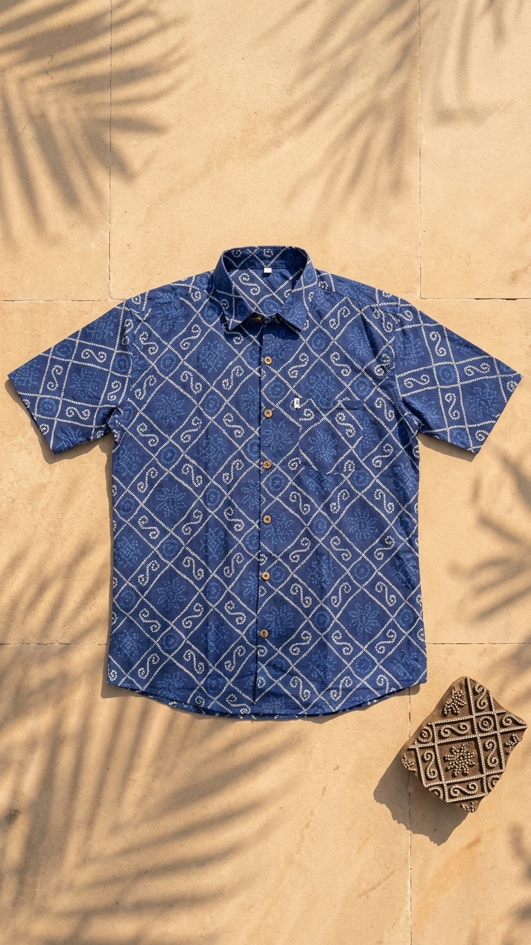 New Blue Bandhani/Bandhej Printed Mens Half Sleeves Cotton Shirt