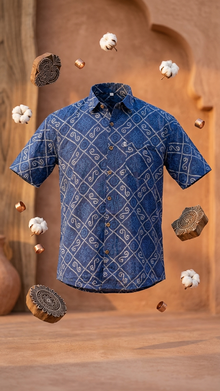 New Blue Bandhani/Bandhej Printed Mens Half Sleeves Cotton Shirt