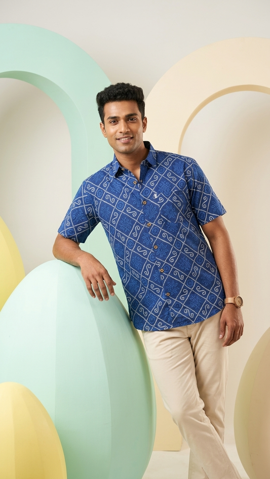 New Blue Bandhani/Bandhej Printed Mens Half Sleeves Cotton Shirt