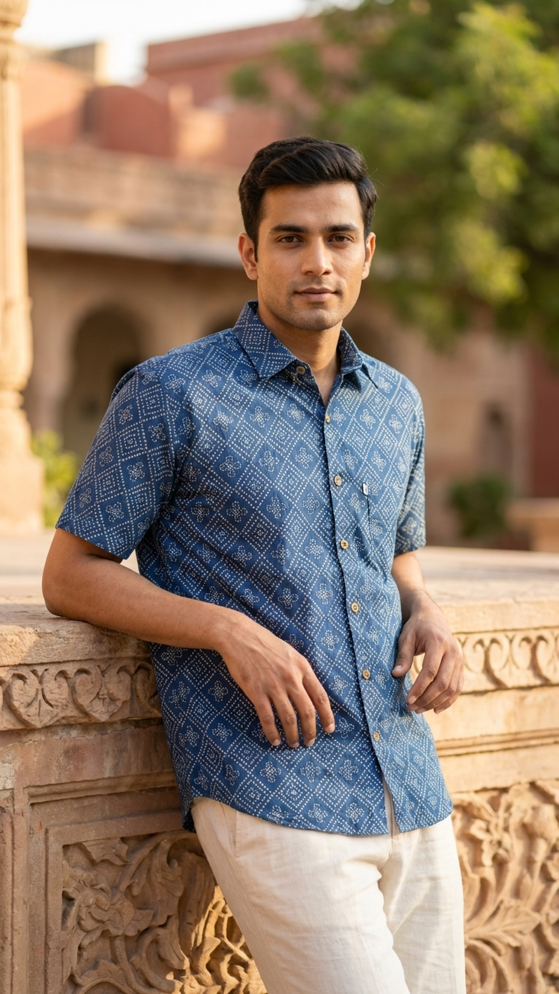 Indigo Blue Barfi Bandhej Printed Half Sleeves Cotton Shirt for Men