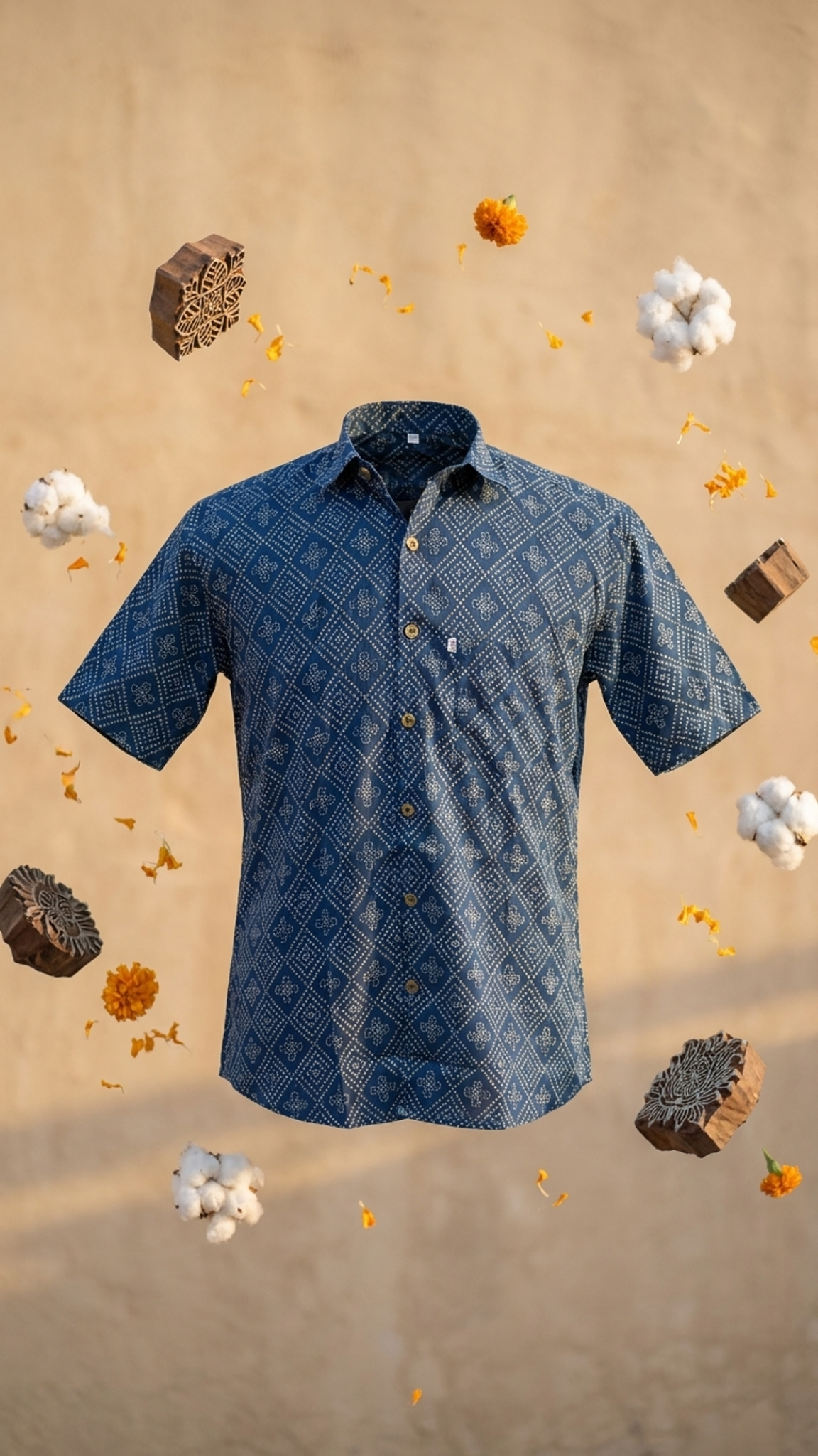 Indigo Blue Barfi Bandhej Printed Half Sleeves Cotton Shirt for Men