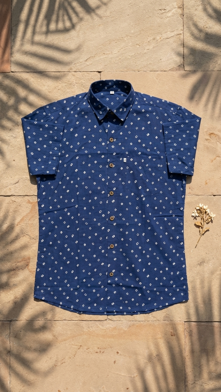 Blue Bandhej Dot Printed Half Sleeves Cotton Shirt for Men