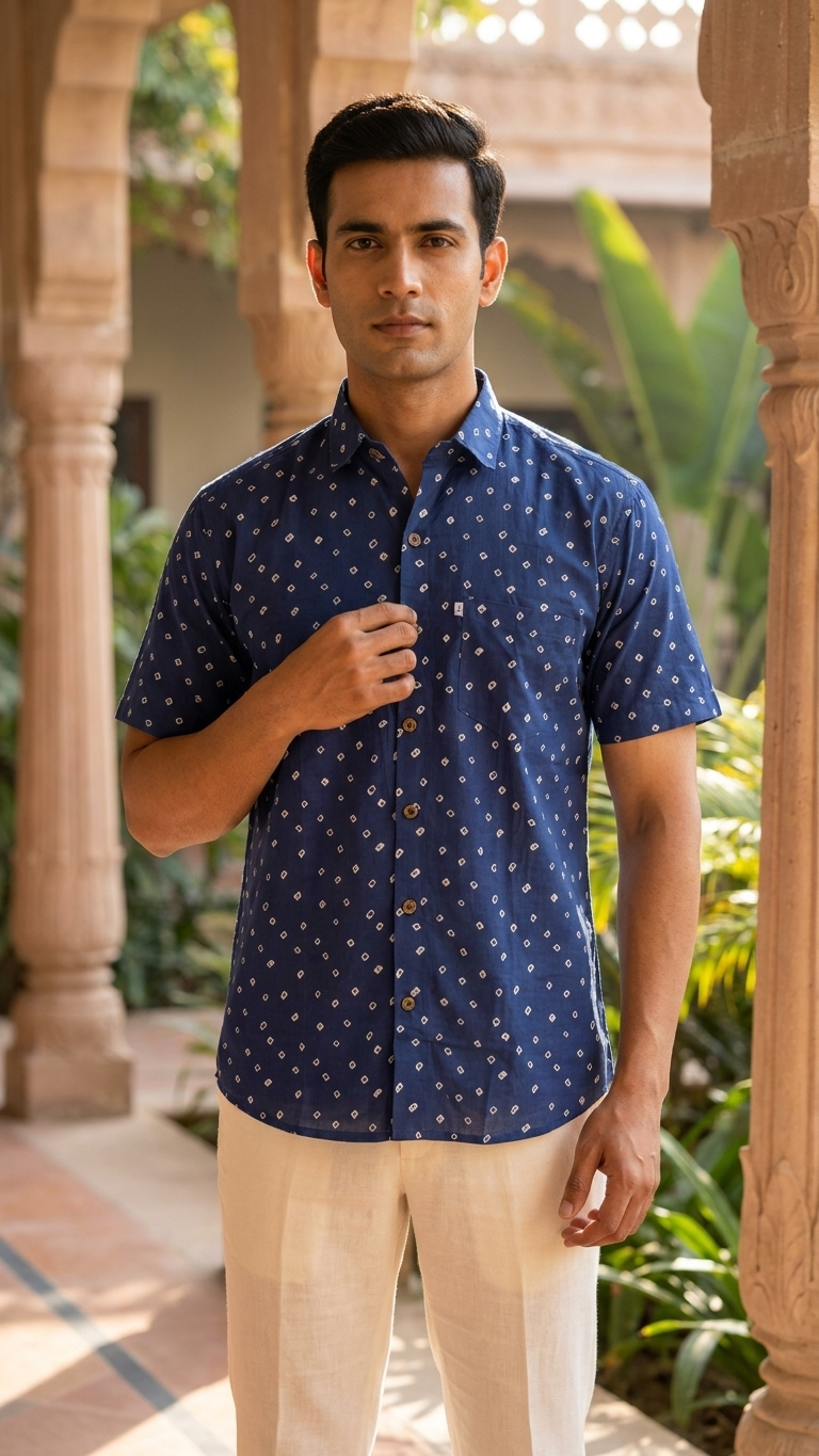 Blue Bandhej Dot Printed Half Sleeves Cotton Shirt for Men