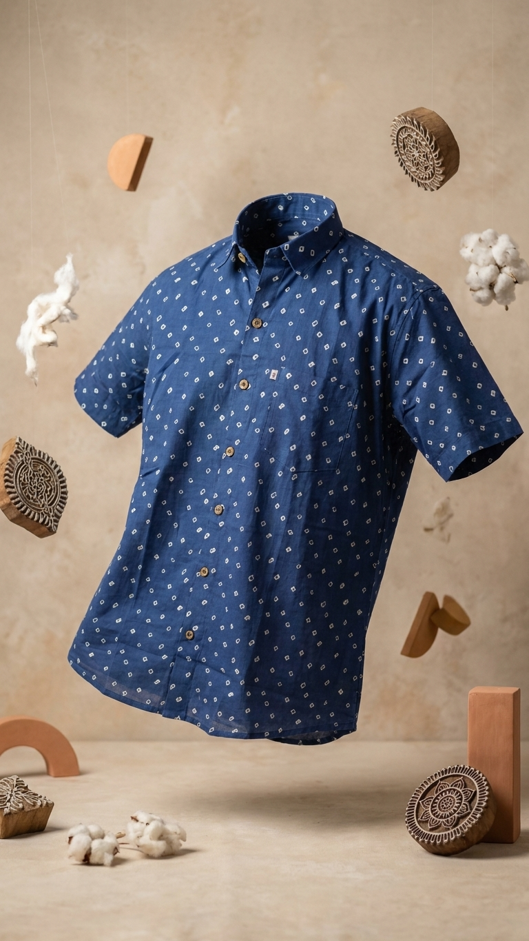 Blue Bandhej Dot Printed Half Sleeves Cotton Shirt for Men
